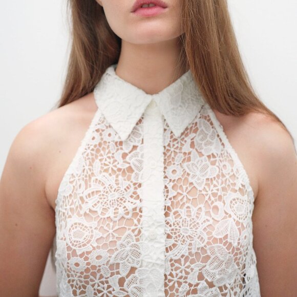 ZARA CROCHET LACE COLLAR BUTTON UP BLOUSE - Picture 2 of 6